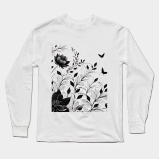 Simple black and white flower botanical pattern Long Sleeve T-Shirt